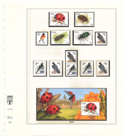 Collection: Ireland 2003-4 Ireland Stamp collection on Linder pages in Lindner album Mint Never Hinged (MNH). Adverts shows 14 images of contents