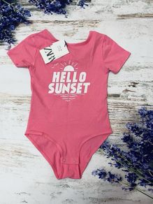 Zara- Pink Bodysuit with White 'HELLO SUNSET' Graphic with Sun & Waves