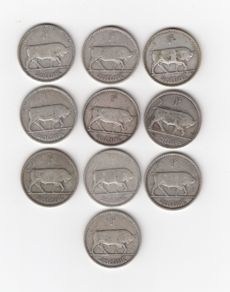 Ireland,10 x  1/-, 75% Silver Coins (No: G39)