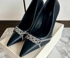 Black pointed toe high heels with rhinestone chain detail - size 40