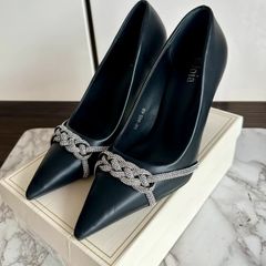 Black pointed toe high heels with rhinestone chain detail - size 40
