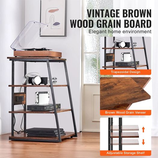 4-Tier AV Media Stand with Power Strips, Corner TV Stand with LED Lights, Height Adjustable