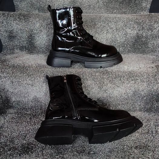 Black Shinny leather funky ankle boots, size 40