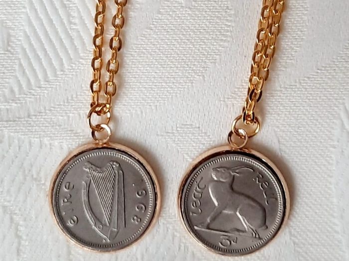 Old Irish threepence coins hare and harp in a gold coloured pendant necklace with FREE STANDARD POSTAGE INCLUDED