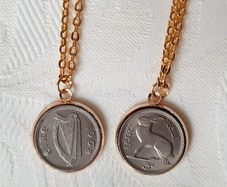 Old Irish threepence coins hare and harp in a gold coloured pendant necklace with FREE STANDARD POSTAGE INCLUDED