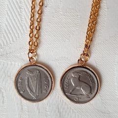 Old Irish threepence coins hare and harp in a gold coloured pendant necklace with FREE STANDARD POSTAGE INCLUDED