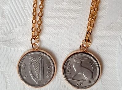 Old Irish threepence coins hare and harp in a gold coloured pendant necklace with FREE STANDARD POSTAGE INCLUDED