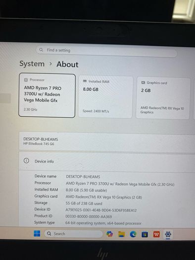 HP Laptop Ryzen 7 with 8/256 windows 11