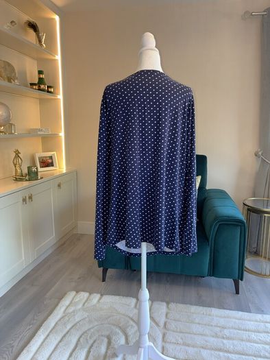 Navy Blue White Polka Dot Print V Neck Ruched Faux Wrap Top Blouse from So Fabulous