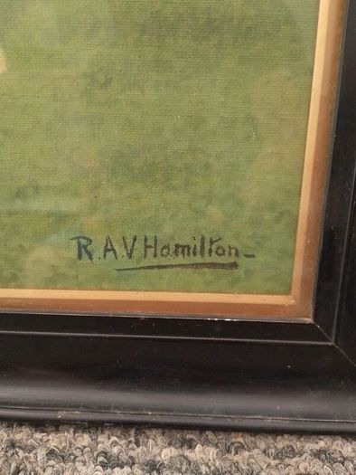 Antique R.A.V Hamilton Norwegian elkhounds oil painting signed kennel club very collectible