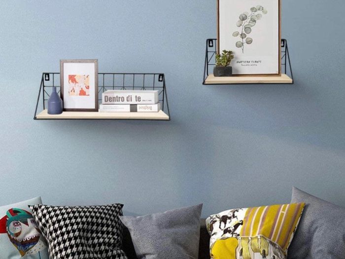 2 Wall Mounted Floating Shelves Set Wood Wall Mounted Shelf Metal Frame Storage Shelves Display Racks Home Decor Rustic for Bedroom, Bathroom, Living Room, Kitchen, Office
