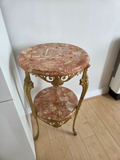 Vintage French Brass & Pink Marble 2-Tier Side Table Plant Stand