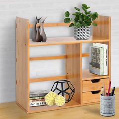 Desk Organiser Bamboo-Desktop Bookshelf Storage Shelf 180 Degree Rotatable 2 Drawers