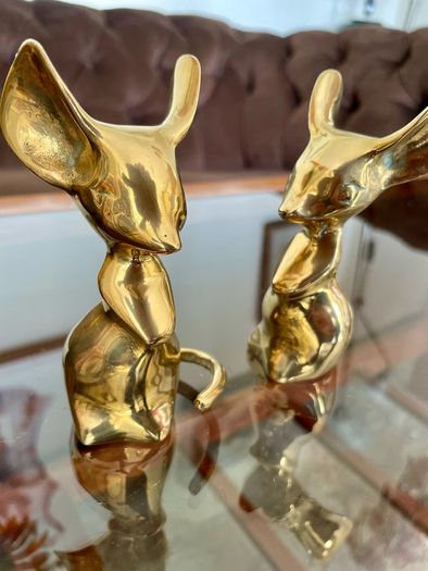Two Vintage Stylised Big Eared Brass Mouse Figurines Brass Mice Ornaments 1970s
