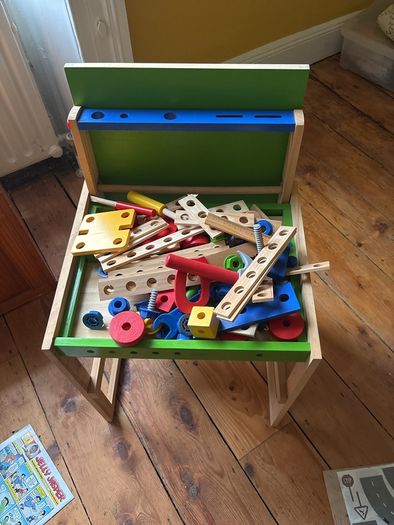 Workbench/desk with bag of tools and accessories