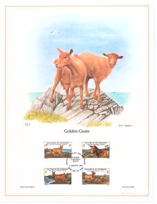 1980 Guernsey Limited Edition Lithographed Print measuring 333mm X 257mm showing Golden Guernsey Goats Commemorative stamps with First Day of Issue Cancel
