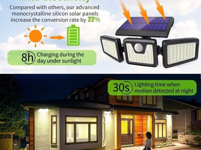 Solar Lights Outdoor 3 Heads, Claoner Upgraded 128 LED Solar Motion Sensor Security Light with 360 Degree Wide Lighting Angle, Easy to Install, IP65 Waterproof Durable Solar Powered Flood Lights for Outside (FREE POSTAGE)