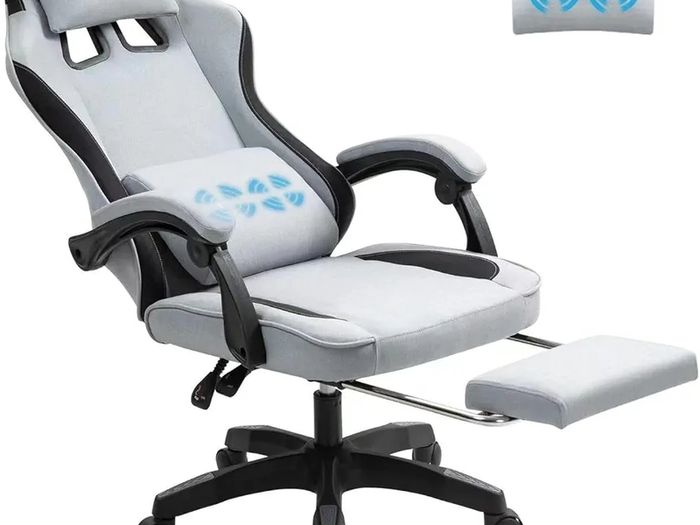 Fabric Massage Gaming Chair, Ergonomic Computer Chair, Video Game Chair, Massage Office Chair, Desk Swivel Chair, Adjustable, Reclining, Footrest, Massage Cushion, Fabric Material, Grey, New