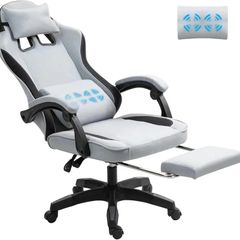 Fabric Massage Gaming Chair, Ergonomic Computer Chair, Video Game Chair, Massage Office Chair, Desk Swivel Chair, Adjustable, Reclining, Footrest, Massage Cushion, Fabric Material, Grey, New