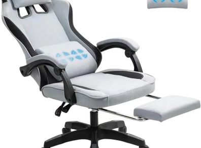 Fabric Massage Gaming Chair, Ergonomic Computer Chair, Video Game Chair, Massage Office Chair, Desk Swivel Chair, Adjustable, Reclining, Footrest, Massage Cushion, Fabric Material, Grey, New