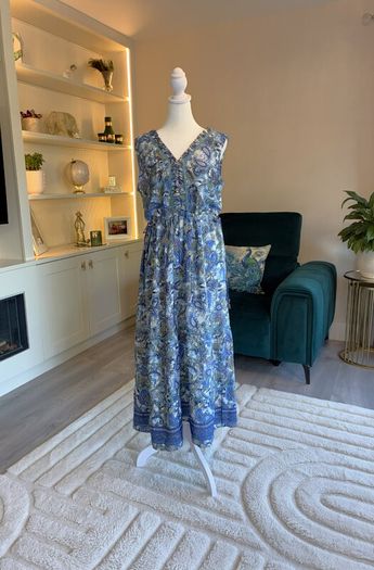 Ladies Cornflower Blue Paisley Printed Lace insert Midi Dress from Jessica Graaf
