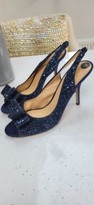 Kate Spade navy glitter bow peep toe sling back heels Sz 42 (Fit 8-8.5UK) - Bnwt - Rrp 360