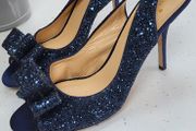 Kate Spade navy glitter bow peep toe sling back heels Sz 42 (Fit 8-8.5UK) - Bnwt - Rrp 360