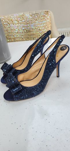 Kate Spade navy glitter bow peep toe sling back heels Sz 42 (Fit 8-8.5UK) - Bnwt - Rrp 360