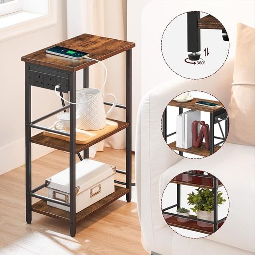 Narrow Side Table with Charging Station, 3-Tier End Table for Small Spaces, Sofa Table with Storage Shelf, for Living Room, Foyer, Bedroom, Office, Rustic Brown and Black