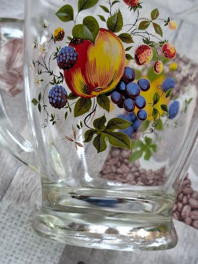 1950s Glass Juice Jug Large Vintage Pitcher with Fruit Floral Pattern no chips or cracks