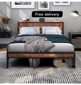 King Size Bed Frame with Storage Wooden Headboard