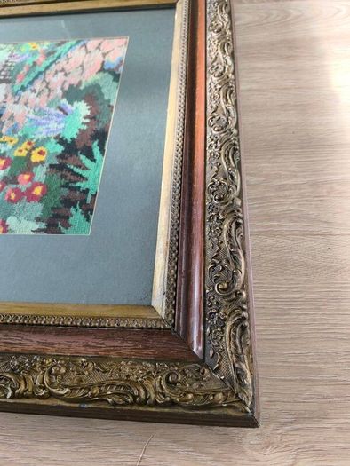 Vintage Hand Stitched Needlepoint Tapestry in Ornate Frame wall art Le Digeonier cottage