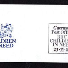 1984 Guernsey Illustrated Cover with Guernsey Post Office BBC Children In Need cancel of 23rd November 1984 13p Sit John Doyle Commemorative Stamp.