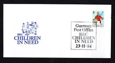 1984 Guernsey Illustrated Cover with Guernsey Post Office BBC Children In Need cancel of 23rd November 1984 13p Sit John Doyle Commemorative Stamp.