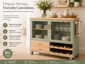 Kitchen Trolley with Wine Rack and Glass Holder Green Country Style Kitchen Island on Wheels Elegant Sideboard