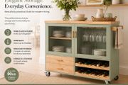 Kitchen Trolley with Wine Rack and Glass Holder Green Country Style Kitchen Island on Wheels Elegant Sideboard