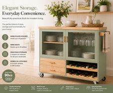 Kitchen Trolley with Wine Rack and Glass Holder Green Country Style Kitchen Island on Wheels Elegant Sideboard