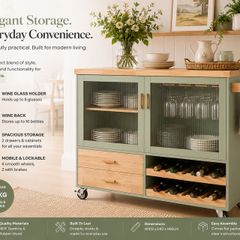 Kitchen Trolley with Wine Rack and Glass Holder Green Country Style Kitchen Island on Wheels Elegant Sideboard