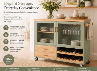 Kitchen Trolley with Wine Rack and Glass Holder Green Country Style Kitchen Island on Wheels Elegant Sideboard