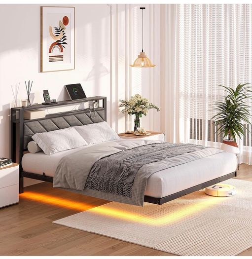 4ft6 Upholstered Floating Double Bed Frame Black, Storage Headboard Metal Bed Frame with LED Lights and Charging Station, Heavy Duty Metal Slat Support, Noise Free, No Box Spring Needed