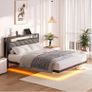 4ft6 Upholstered Floating Double Bed Frame Black, Storage Headboard Metal Bed Frame with LED Lights and Charging Station, Heavy Duty Metal Slat Support, Noise Free, No Box Spring Needed Image 5