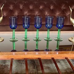 Vintage Scandinavian Blue Green Stem Champagne Wine Glasses Set of 5