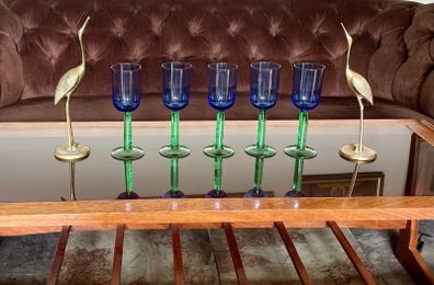Vintage Scandinavian Blue Green Stem Champagne Wine Glasses Set of 5