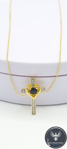 Vintage 18kt Gold On Sterling Silver Black Spinel Cross Necklace