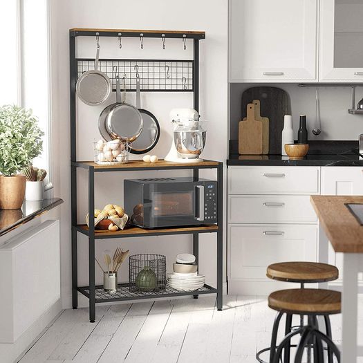 _Kitchen shelf in industrial design, standing shelf for the kitchen, shelf levels in wood look, 10 hooks, metal grid shelf, for microwave, dishes, 84 x 40 x 170 cm, vintage, dark brown