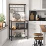 Kitchen shelf in industrial design, standing shelf for the kitchen, shelf levels in wood look, 10 hooks, metal grid shelf, for microwave, dishes, 84 x 40 x 170 cm, vintage, dark brown Image 3