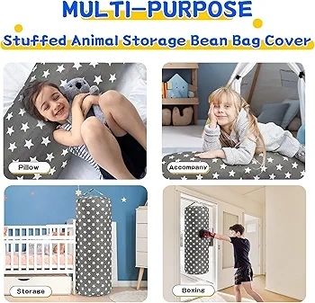 Stuffed Animal Storage Bean Bag Cover for Kids Plush Toys Organizer Bags for Boys and Girls A Full-length Zipper Cylinder Room Furniture Decor - Organize, Sit, Play & Box (Grey Stars)