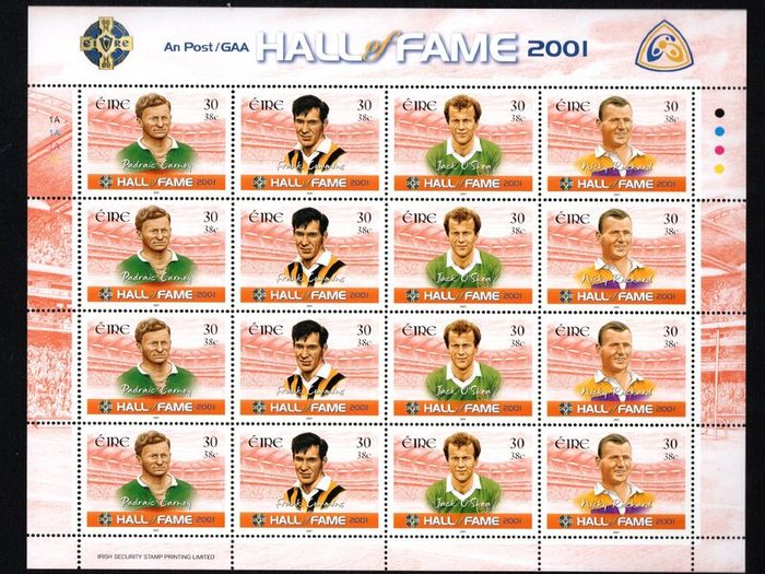 2001 Ireland GAA Hall of Fame (Padraic Carney, Frank Cummins, Jack O'Shea & Nicky Rackard) Commemorative Stamps Sheetlet Plate 1A1A1A1A Mint Never Hinged (MNH)