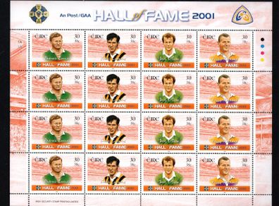 2001 Ireland GAA Hall of Fame (Padraic Carney, Frank Cummins, Jack O'Shea & Nicky Rackard) Commemorative Stamps Sheetlet Plate 1A1A1A1A Mint Never Hinged (MNH)