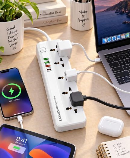 LDNIO SC5415 Surge Fast charging Power Strip with 5 Ac Outlets & 4USB Charging Ports 2m Extension PD power Soket - White